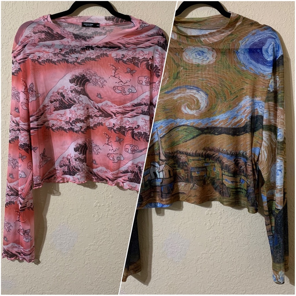 SHEIN Mesh Cropped Artwork Shirts The Great Wave off Kanagawa Starry Night XXL